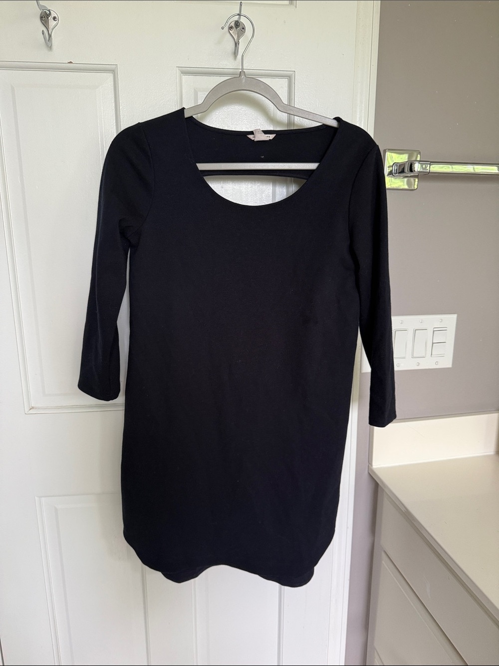 Club Monaco Knit Ponte Keyhole Back Tulip Hem Dress 3/4 Sleeve Deep Navy